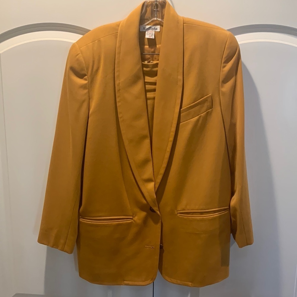 Vintage Anne Taylor 100% Wool 2 Pc. Blazer Skirt Office Attire 8 Mustard Yellow